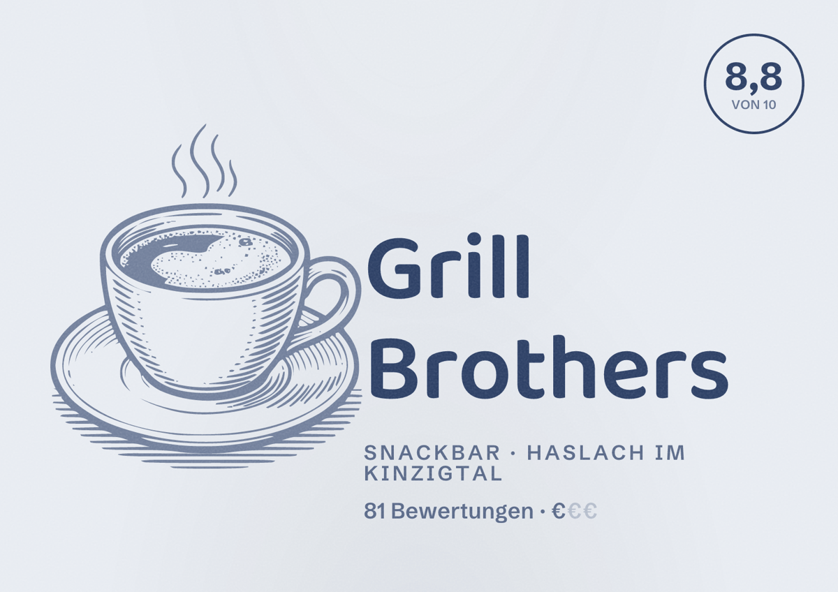 Illustriertes Poster von Grill Brothers, Snackbar in Haslach im Kinzigtal: Bewertung 8,8 von 10 aus 81 Bewertungen, Preisniveau €