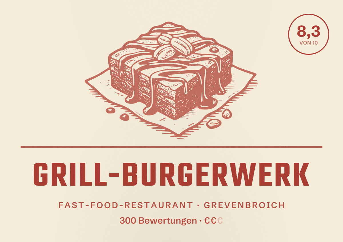 Illustriertes Poster von Grill-Burgerwerk, Fast-Food-Restaurant in Grevenbroich: Bewertung 8,3 von 10 aus 300 Bewertungen, Preisniveau €€