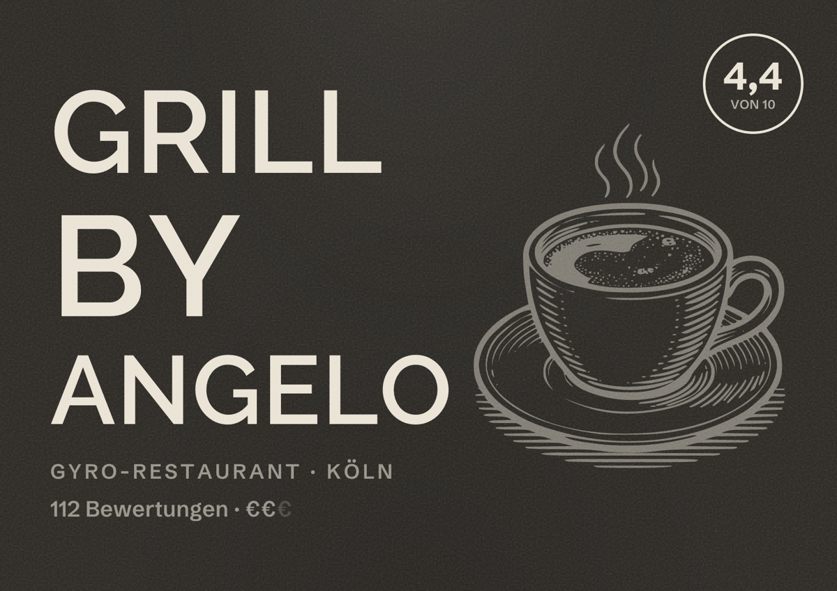 Illustriertes Poster von Grill By Angelo, Gyro-Restaurant in Köln: Bewertung 4,4 von 10 aus 112 Bewertungen, Preisniveau €€