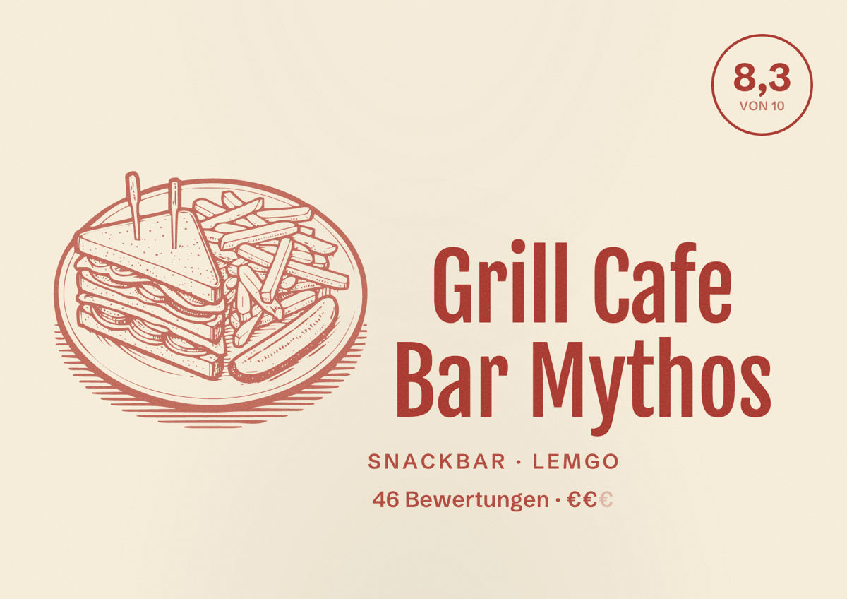Illustriertes Poster von Grill Cafe Bar Mythos, Snackbar in Lemgo: Bewertung 8,3 von 10 aus 46 Bewertungen, Preisniveau €€