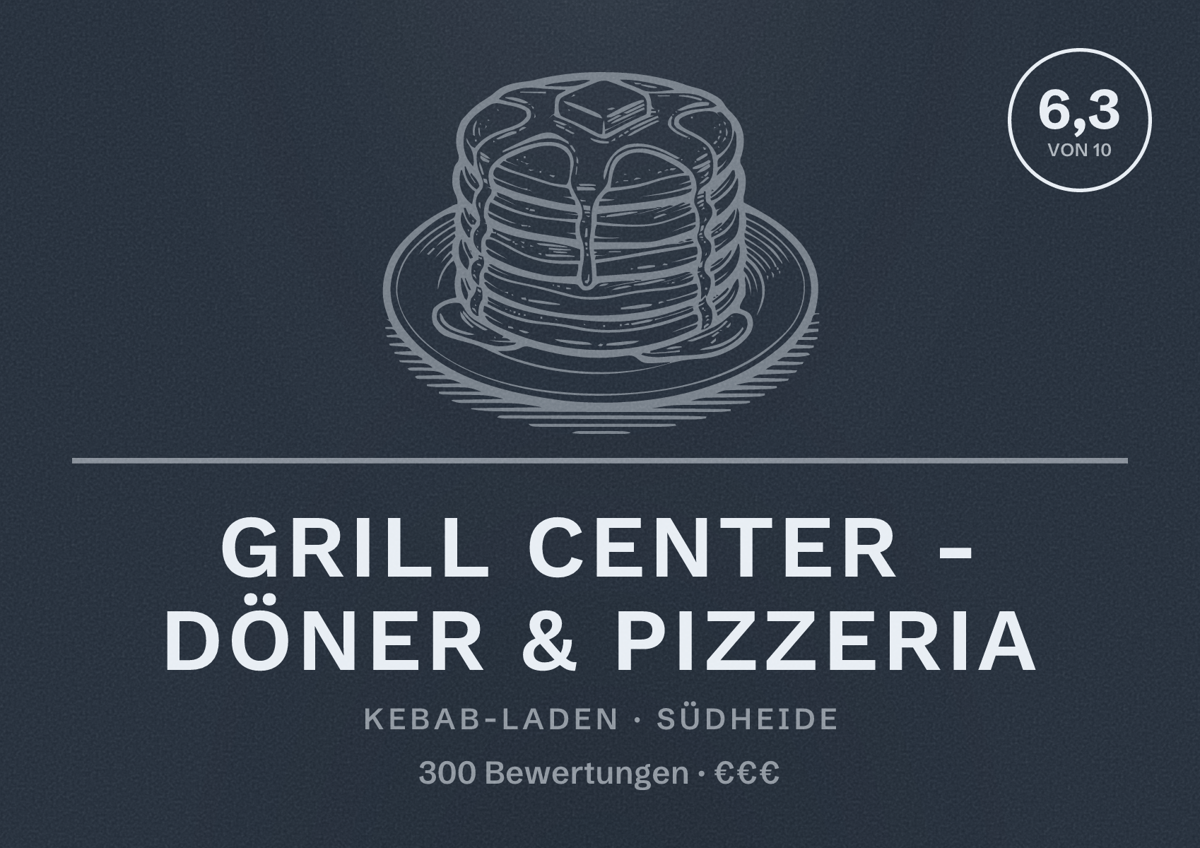 Illustriertes Poster von Grill Center - Döner & Pizzeria, Kebab-Laden in Südheide: Bewertung 6,3 von 10 aus 300 Bewertungen, Preisniveau €€€