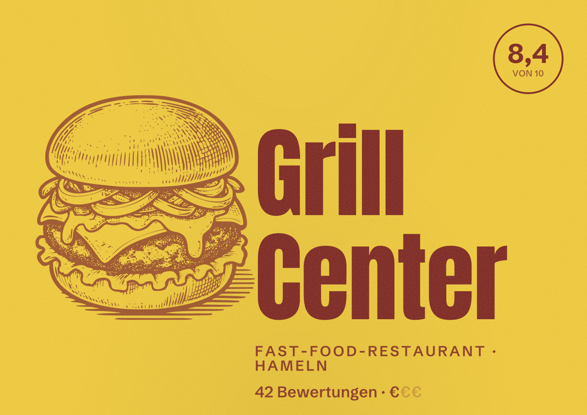 Illustriertes Poster von Grill Center, Fast-Food-Restaurant in Hameln: Bewertung 8,4 von 10 aus 42 Bewertungen, Preisniveau €