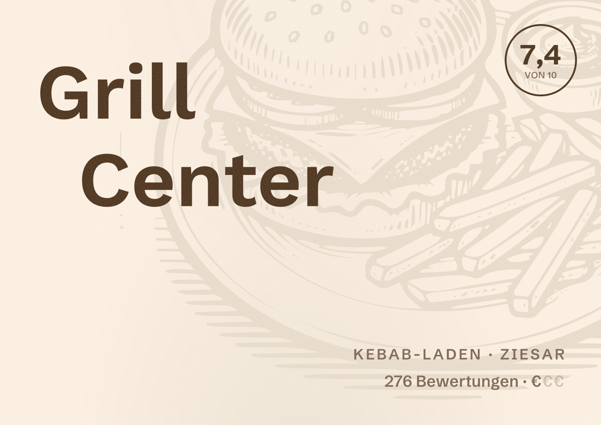 Illustriertes Poster von Grill Center, Kebab-Laden in Ziesar: Bewertung 7,4 von 10 aus 276 Bewertungen, Preisniveau €