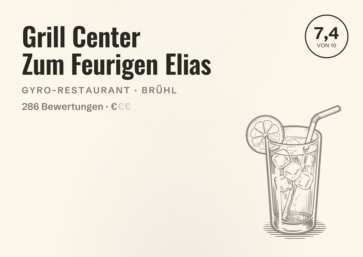 Illustriertes Poster von Grill Center Zum Feurigen Elias, Gyro-Restaurant in Brühl: Bewertung 7,4 von 10 aus 286 Bewertungen, Preisniveau €