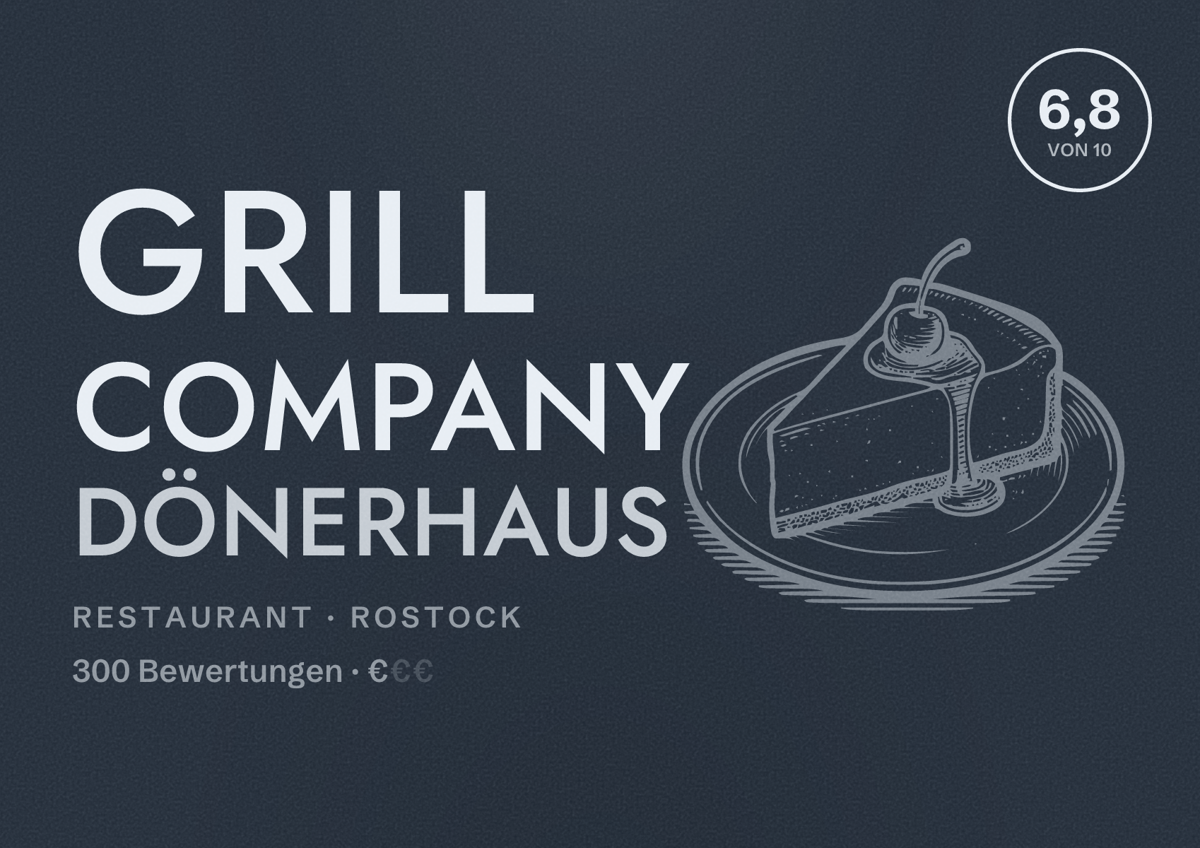 Illustriertes Poster von Grill Company Dönerhaus, Restaurant in Rostock: Bewertung 6,8 von 10 aus 300 Bewertungen, Preisniveau €