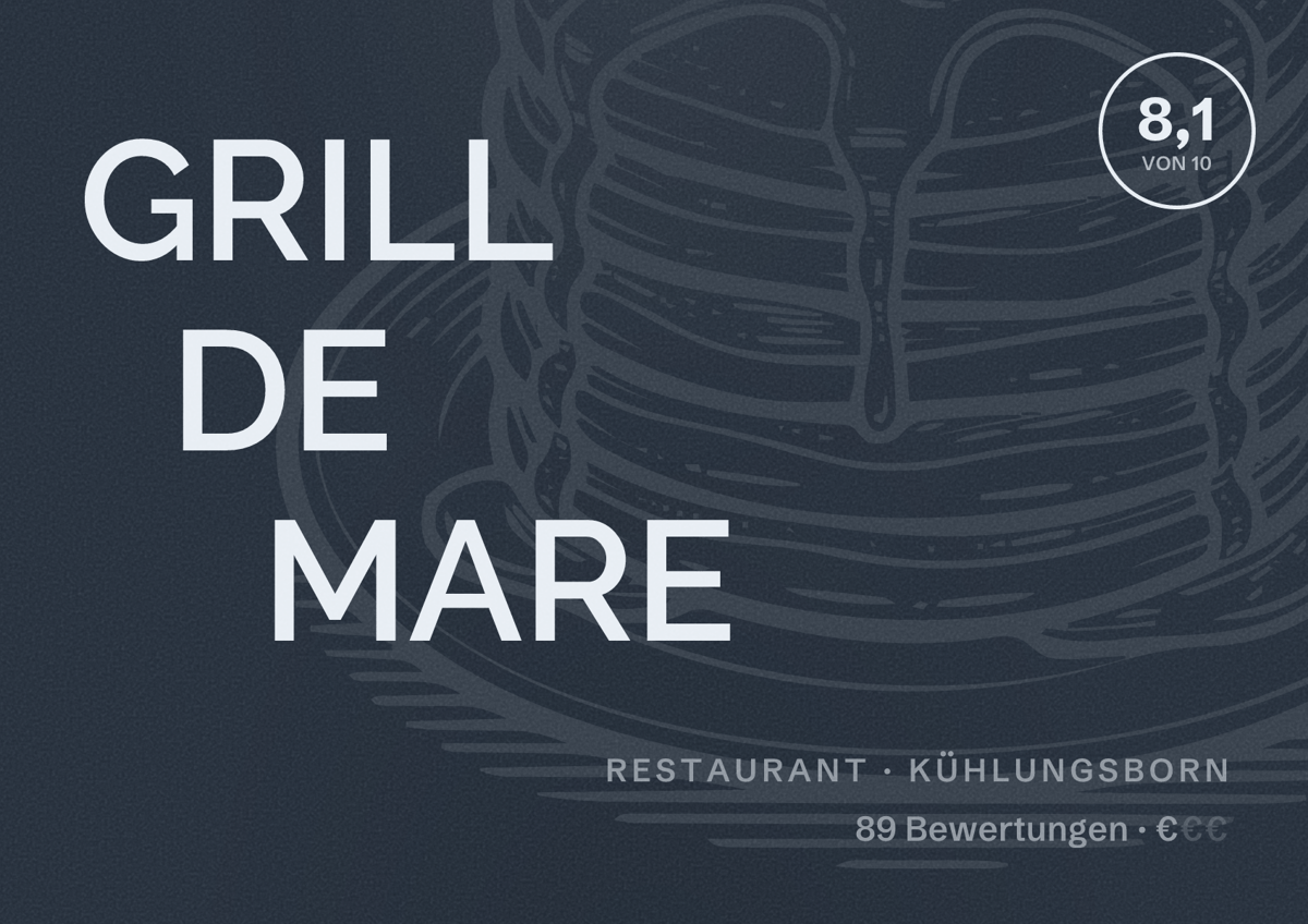Illustriertes Poster von GRILL DE MARE, Restaurant in Kühlungsborn: Bewertung 8,1 von 10 aus 89 Bewertungen, Preisniveau €
