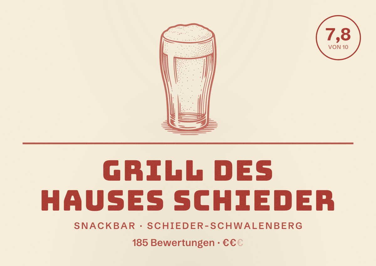 Illustriertes Poster von Grill des Hauses Schieder, Snackbar in Schieder-Schwalenberg: Bewertung 7,8 von 10 aus 185 Bewertungen, Preisniveau €€