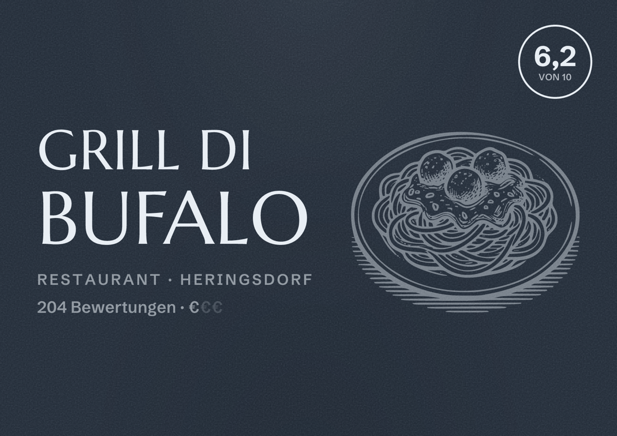 Illustriertes Poster von Grill di Bufalo, Restaurant in Heringsdorf: Bewertung 6,2 von 10 aus 204 Bewertungen, Preisniveau €