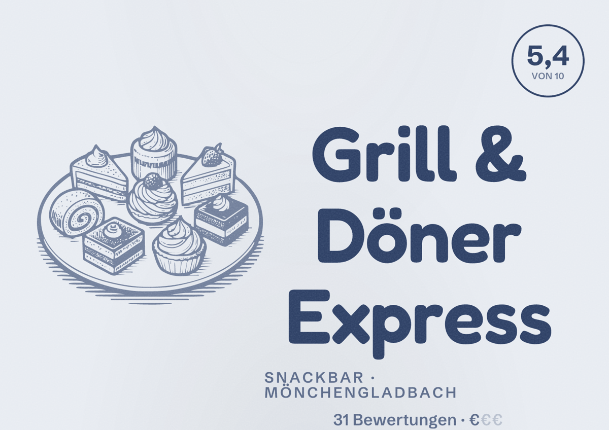 Illustriertes Poster von Grill & Döner Express, Snackbar in Mönchengladbach: Bewertung 5,4 von 10 aus 31 Bewertungen, Preisniveau €