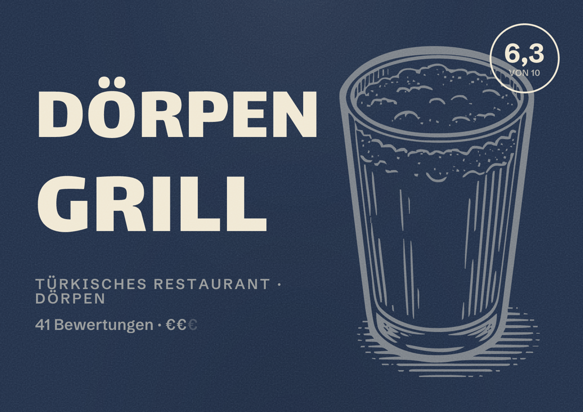 Illustriertes Poster von Dörpen Grill, Türkisches Restaurant in Dörpen: Bewertung 6,3 von 10 aus 41 Bewertungen, Preisniveau €€