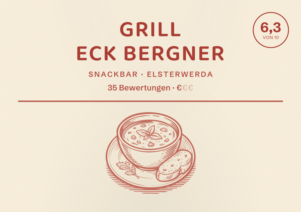 Illustriertes Poster von Grill Eck Bergner, Snackbar in Elsterwerda: Bewertung 6,3 von 10 aus 35 Bewertungen, Preisniveau €