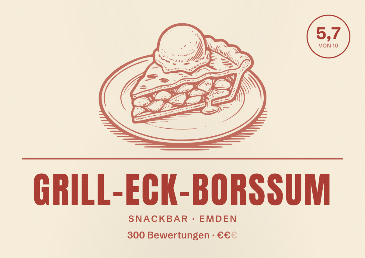 Illustriertes Poster von Grill-Eck-Borssum, Snackbar in Emden: Bewertung 5,7 von 10 aus 300 Bewertungen, Preisniveau €€
