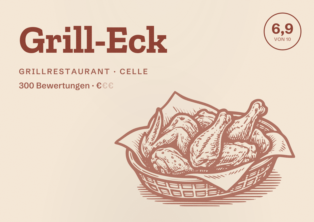 Illustriertes Poster von Grill-Eck, Grillrestaurant in Celle: Bewertung 6,9 von 10 aus 300 Bewertungen, Preisniveau €