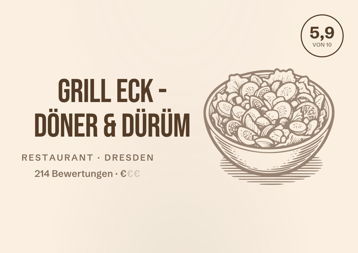 Illustriertes Poster von Grill Eck - Döner & Dürüm, Restaurant in Dresden: Bewertung 5,9 von 10 aus 214 Bewertungen, Preisniveau €