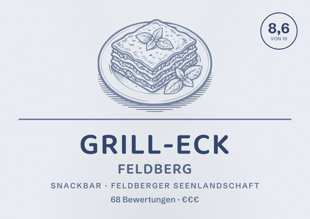 Illustriertes Poster von Grill-Eck Feldberg, Snackbar in Feldberger Seenlandschaft: Bewertung 8,6 von 10 aus 68 Bewertungen, Preisniveau €€€