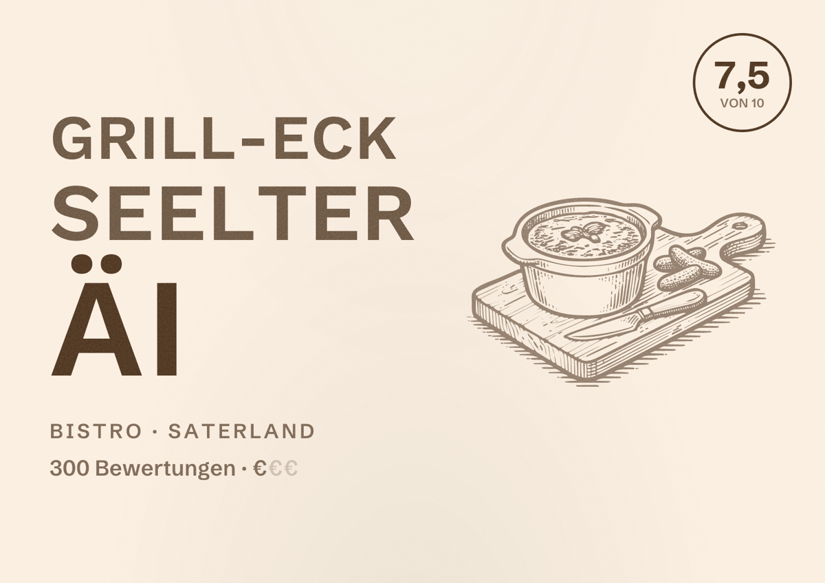 Illustriertes Poster von Grill-Eck Seelter Äi, Bistro in Saterland: Bewertung 7,5 von 10 aus 300 Bewertungen, Preisniveau €