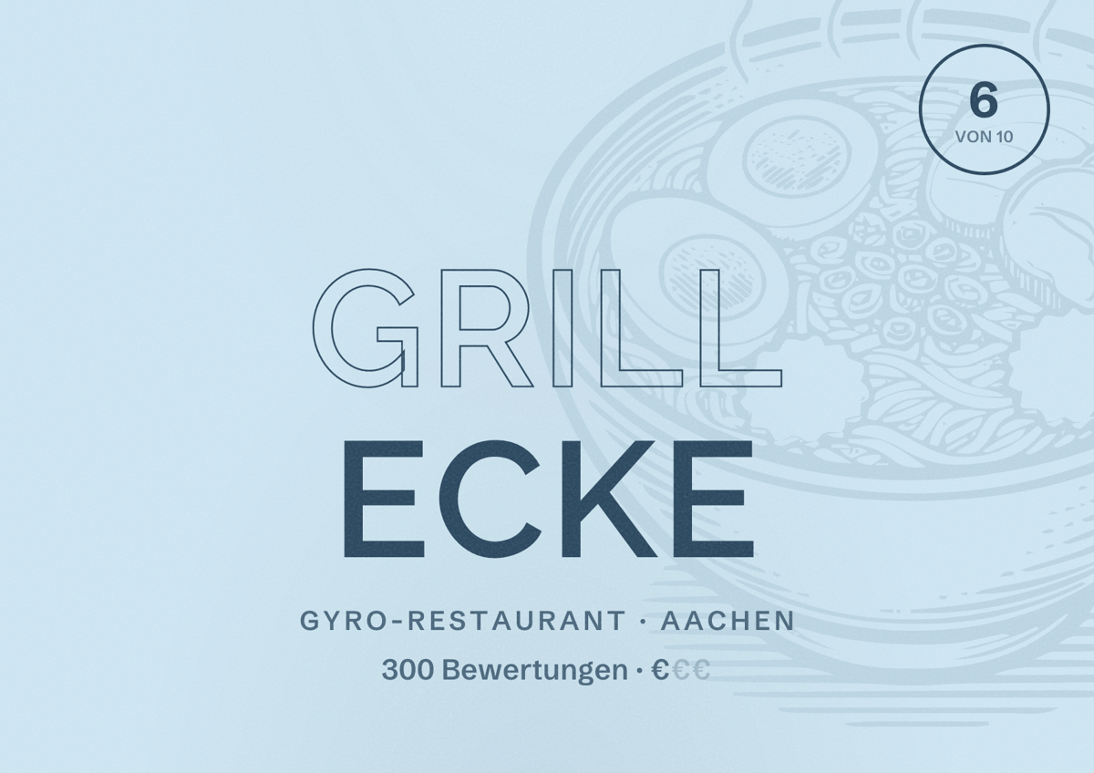 Illustriertes Poster von Grill Ecke, Gyro-Restaurant in Aachen: Bewertung 6 von 10 aus 300 Bewertungen, Preisniveau €