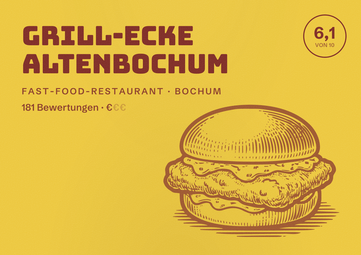 Illustriertes Poster von Grill-Ecke Altenbochum, Fast-Food-Restaurant in Bochum: Bewertung 6,1 von 10 aus 181 Bewertungen, Preisniveau €