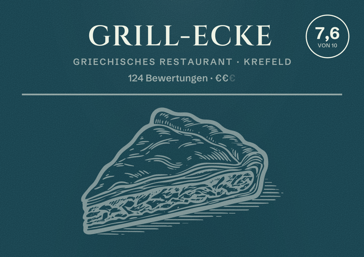 Illustriertes Poster von Grill-Ecke, Griechisches Restaurant in Krefeld: Bewertung 7,6 von 10 aus 124 Bewertungen, Preisniveau €€