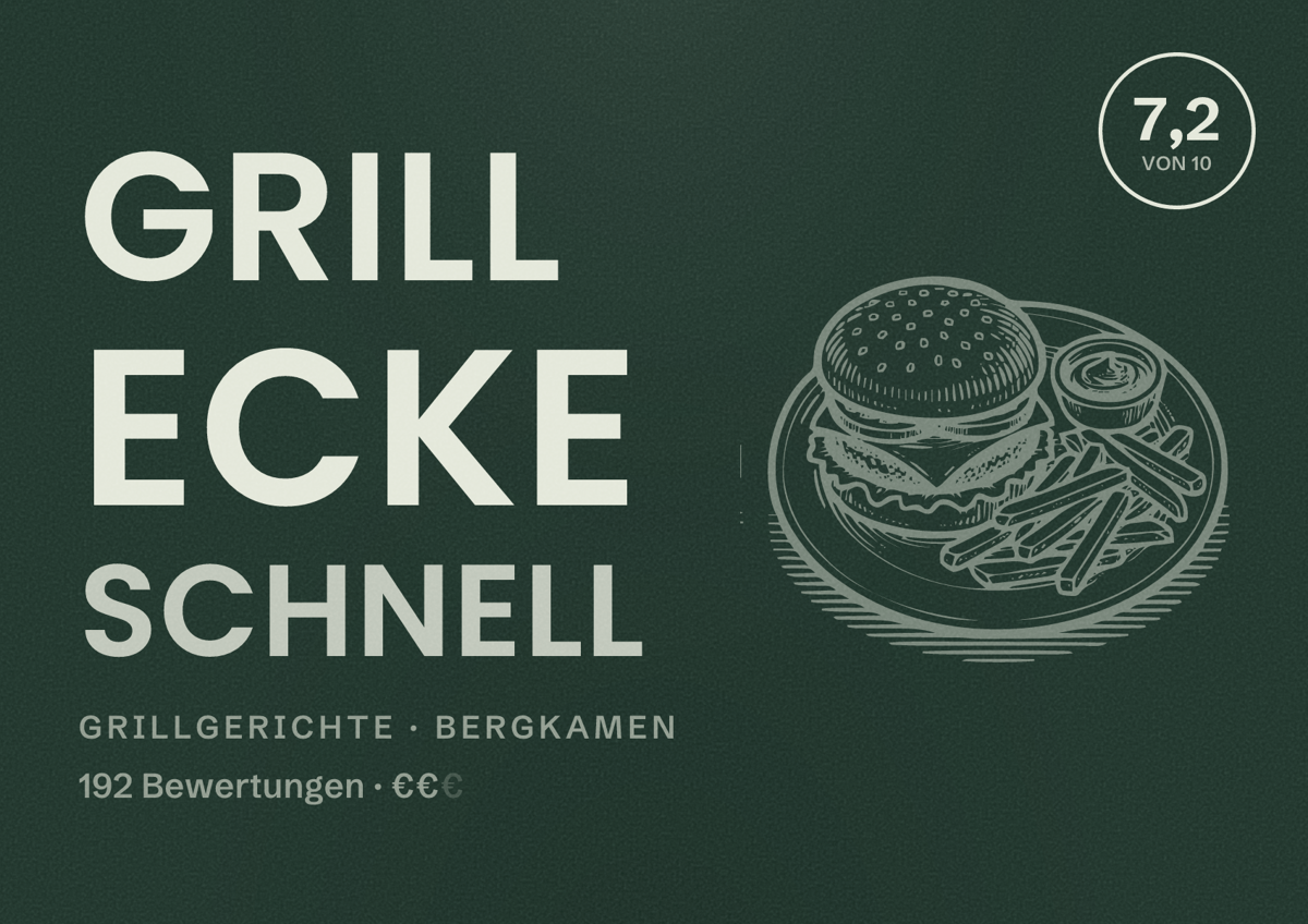 Illustriertes Poster von Grill Ecke Schnell, Grillgerichte in Bergkamen: Bewertung 7,2 von 10 aus 192 Bewertungen, Preisniveau €€