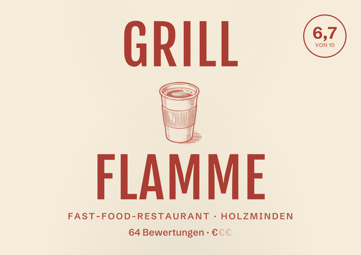 Illustriertes Poster von Grill Flamme, Fast-Food-Restaurant in Holzminden: Bewertung 6,7 von 10 aus 64 Bewertungen, Preisniveau €