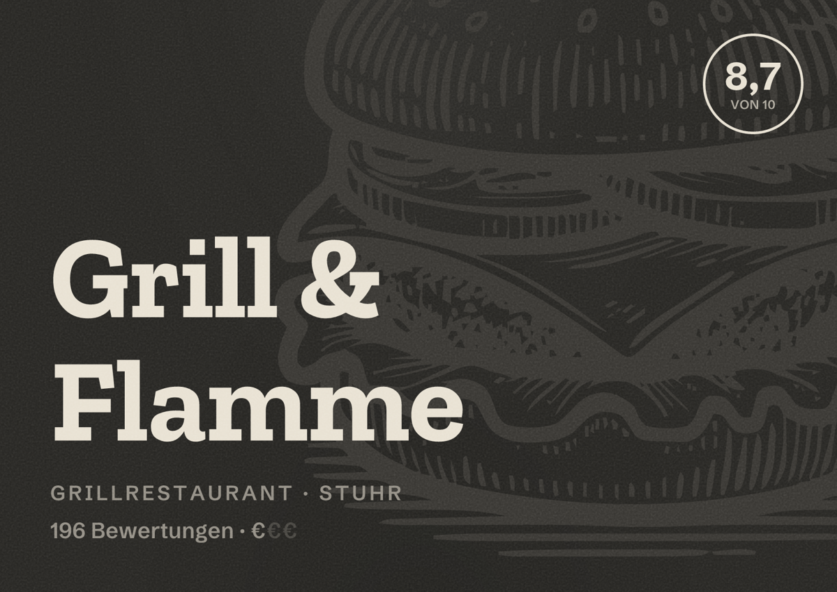 Illustriertes Poster von Grill & Flamme, Grillrestaurant in Stuhr: Bewertung 8,7 von 10 aus 196 Bewertungen, Preisniveau €