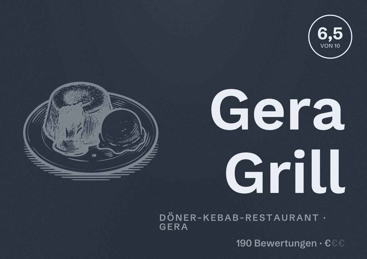 Illustriertes Poster von Gera Grill, Döner-Kebab-Restaurant in Gera: Bewertung 6,5 von 10 aus 190 Bewertungen, Preisniveau €