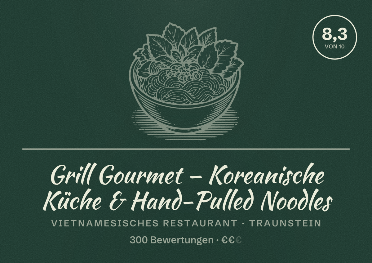 Illustriertes Poster von Grill Gourmet – Koreanische Küche & Hand-Pulled Noodles, Vietnamesisches Restaurant in Traunstein: Bewertung 8,3 von 10 aus 300 Bewertungen, Preisniveau €€