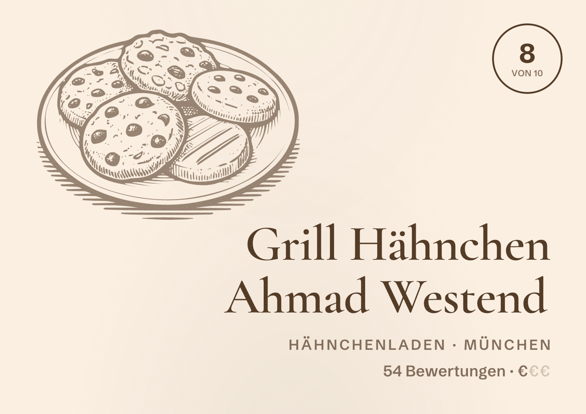 Illustriertes Poster von Grill Hähnchen Ahmad Westend, Hähnchenladen in München: Bewertung 8,0 von 10 aus 54 Bewertungen, Preisniveau €