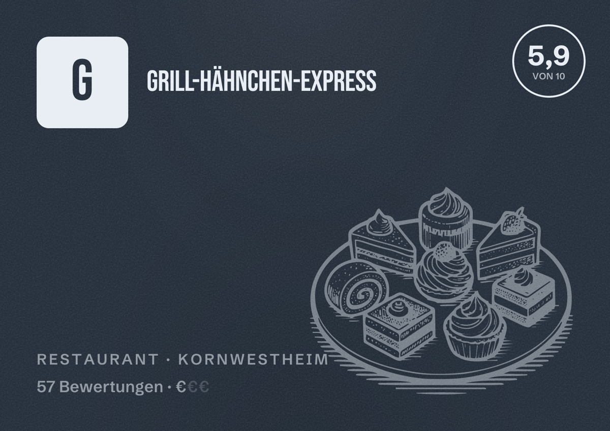 Illustriertes Poster von Grill-Hähnchen-Express, Restaurant in Kornwestheim: Bewertung 5,9 von 10 aus 57 Bewertungen, Preisniveau €