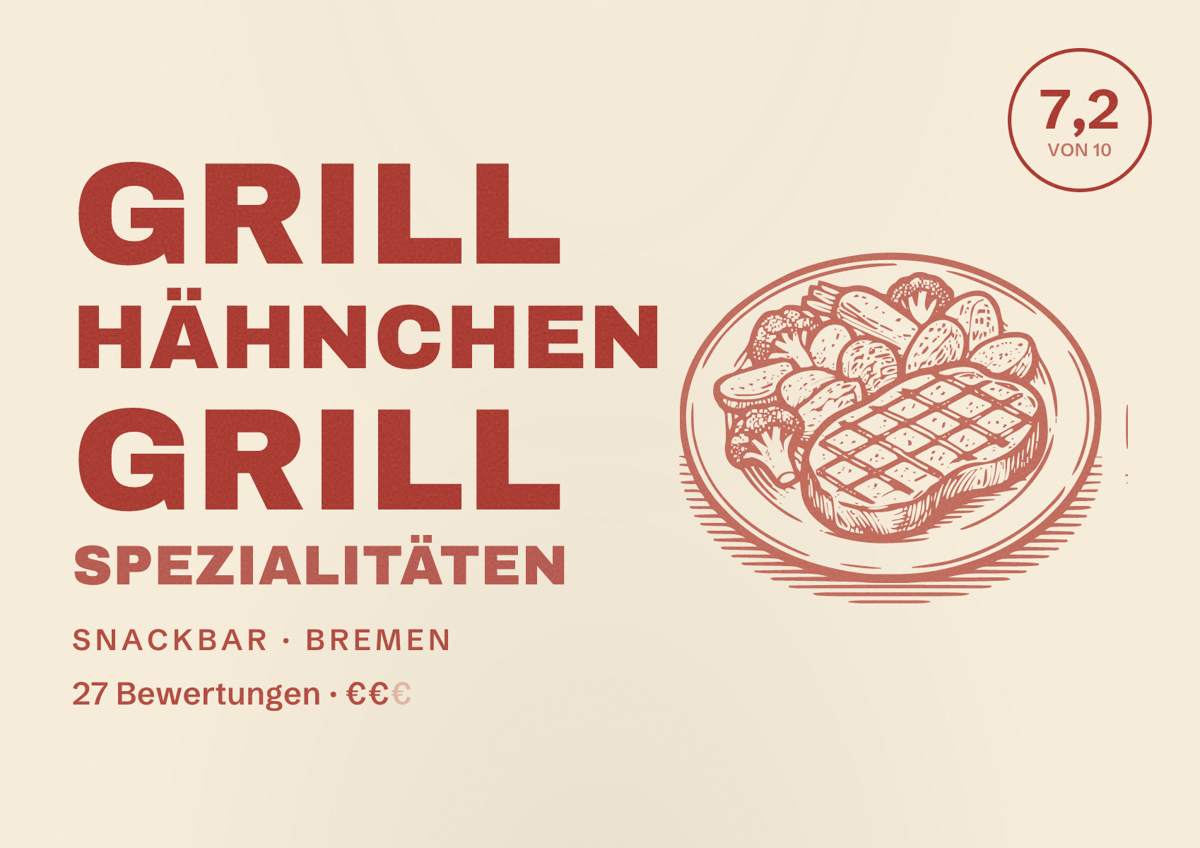 Illustriertes Poster von Grill Hähnchen Grill Spezialitäten, Snackbar in Bremen: Bewertung 7,2 von 10 aus 27 Bewertungen, Preisniveau €€