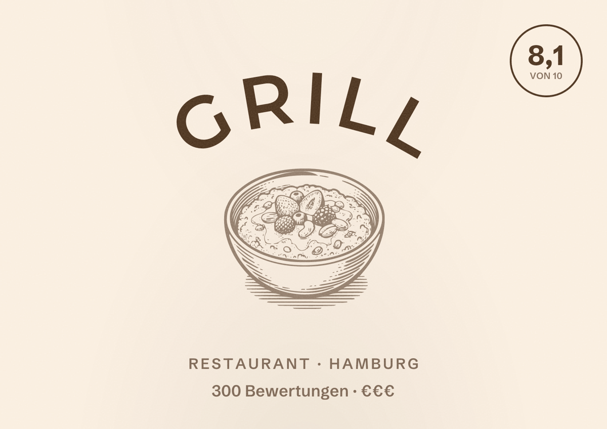 Illustriertes Poster von GRILL, Restaurant in Hamburg: Bewertung 8,1 von 10 aus 300 Bewertungen, Preisniveau €€€