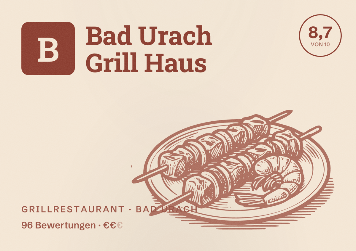 Illustriertes Poster von Bad Urach Grill Haus, Grillrestaurant in Bad Urach: Bewertung 8,7 von 10 aus 96 Bewertungen, Preisniveau €€