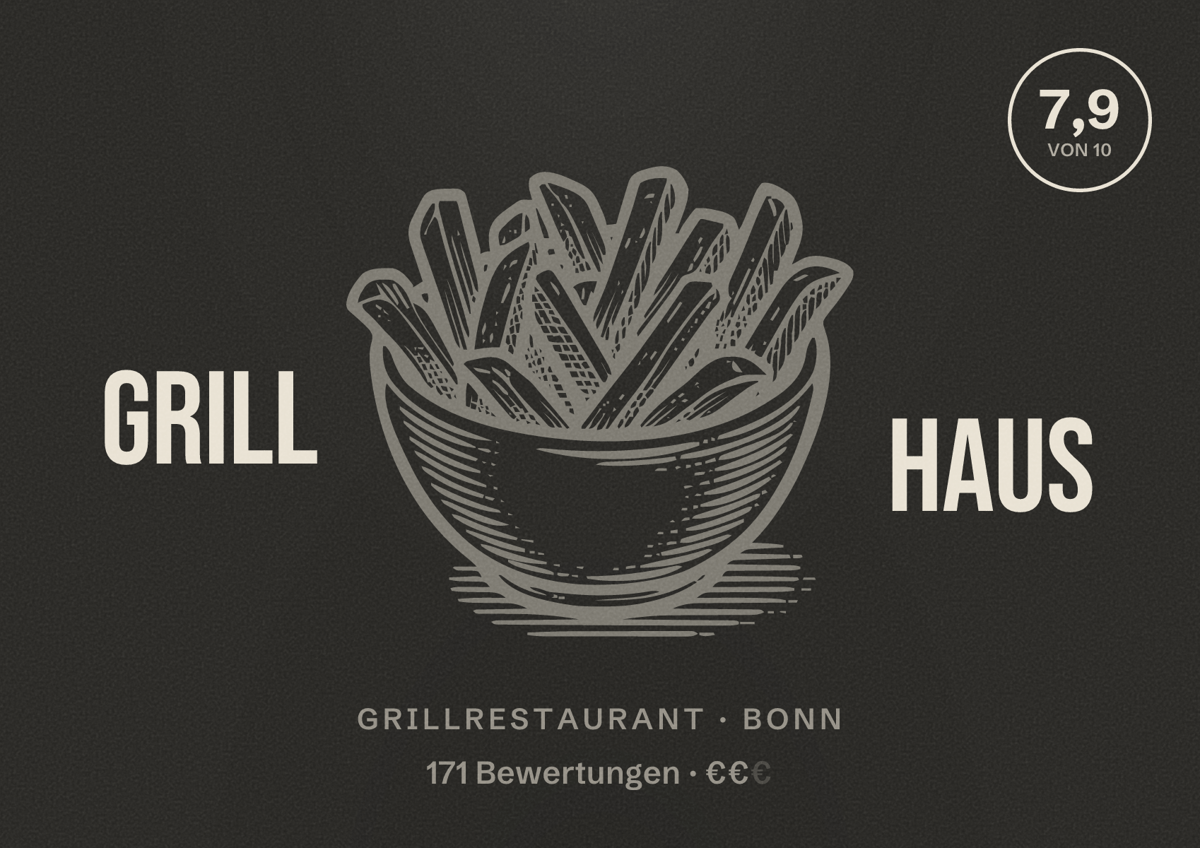 Illustriertes Poster von Grill Haus, Grillrestaurant in Bonn: Bewertung 7,9 von 10 aus 171 Bewertungen, Preisniveau €€