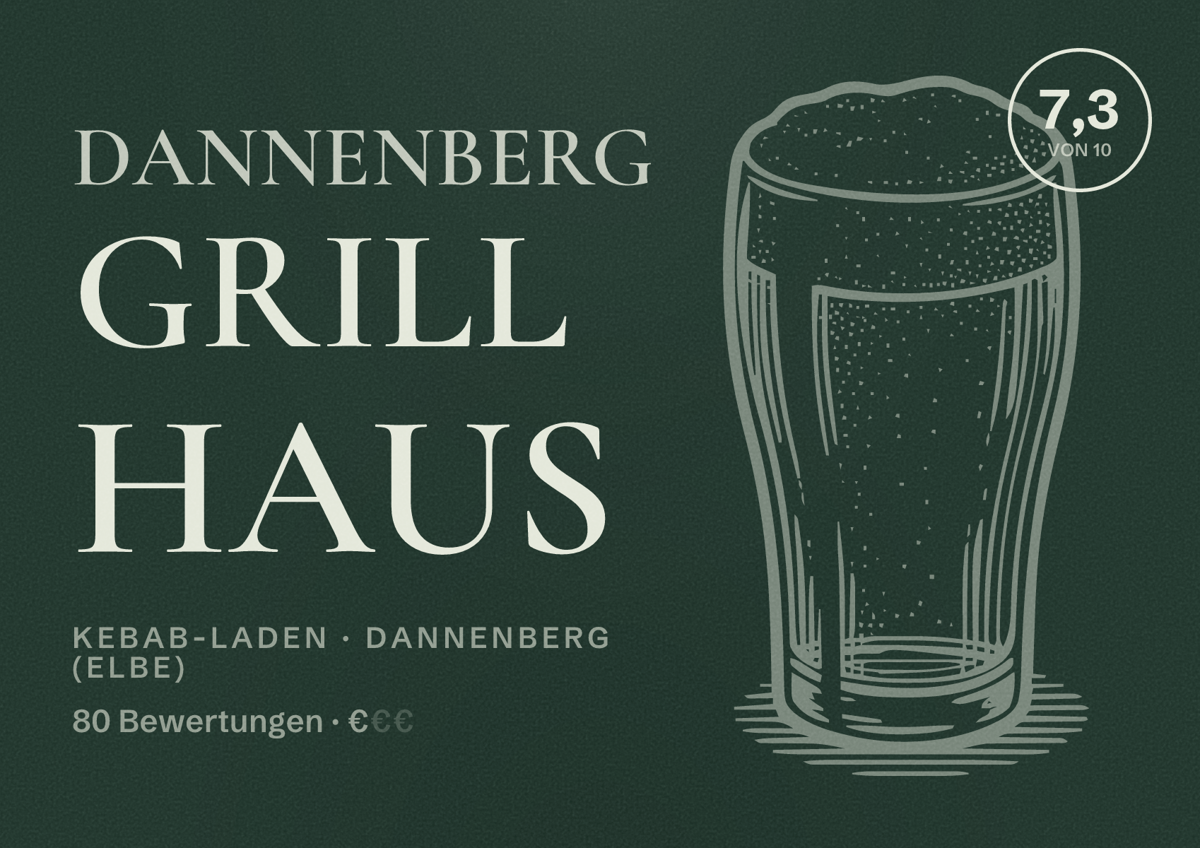 Illustriertes Poster von Dannenberg Grill Haus, Kebab-Laden in Dannenberg (Elbe): Bewertung 7,3 von 10 aus 80 Bewertungen, Preisniveau €