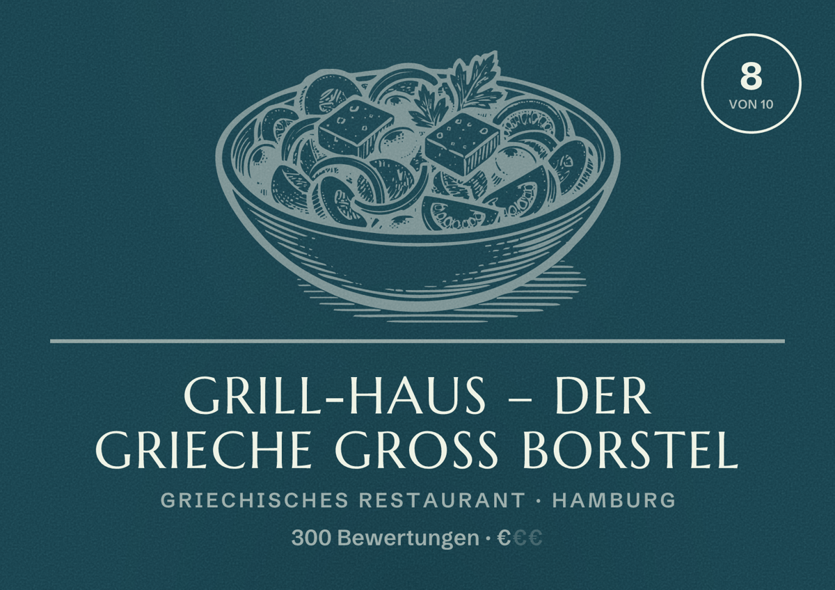 Illustriertes Poster von Grill-Haus – Der Grieche Groß Borstel, Griechisches Restaurant in Hamburg: Bewertung 8,0 von 10 aus 300 Bewertungen, Preisniveau €