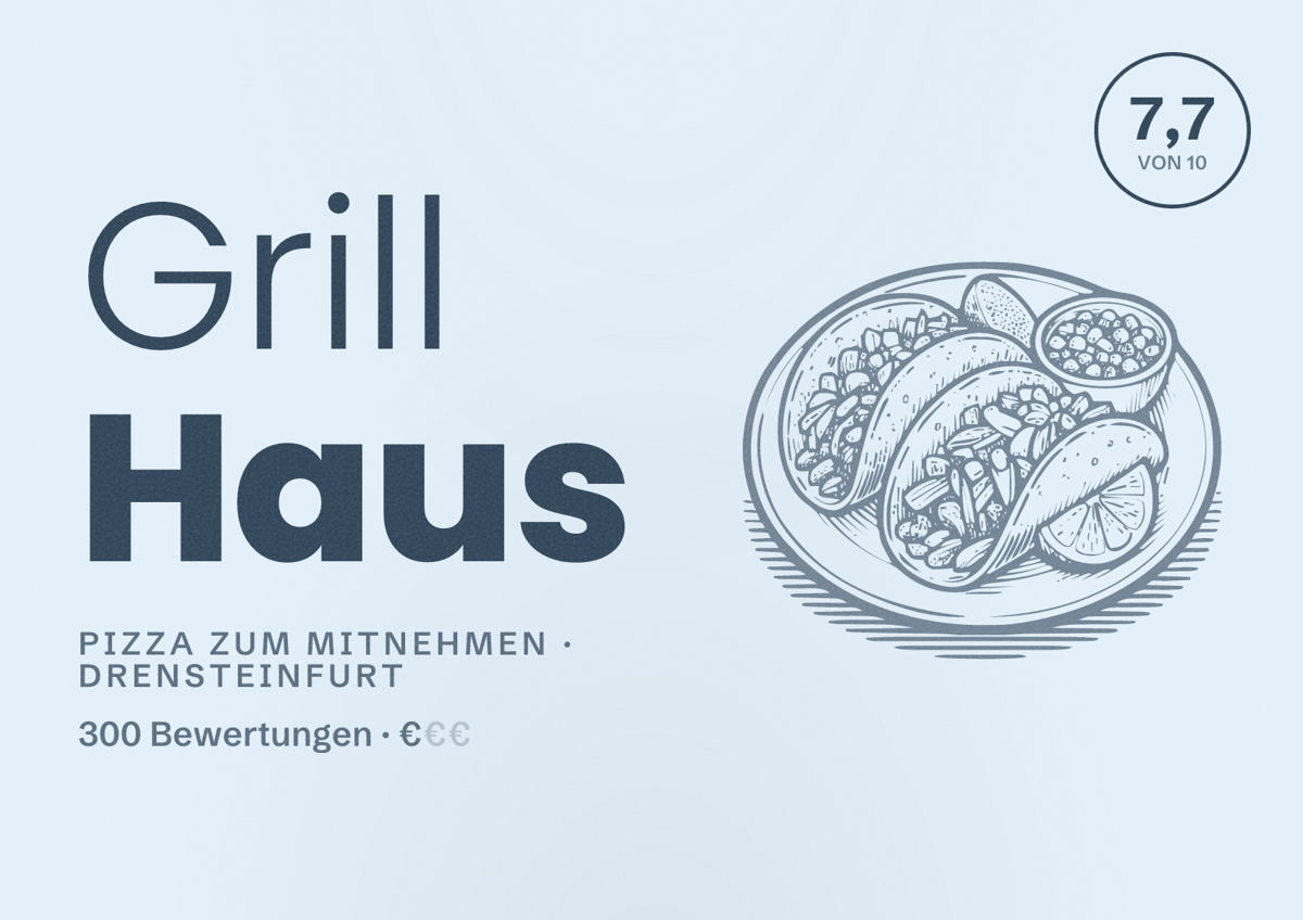 Illustriertes Poster von Grill Haus, Pizza zum Mitnehmen in Drensteinfurt: Bewertung 7,7 von 10 aus 300 Bewertungen, Preisniveau €