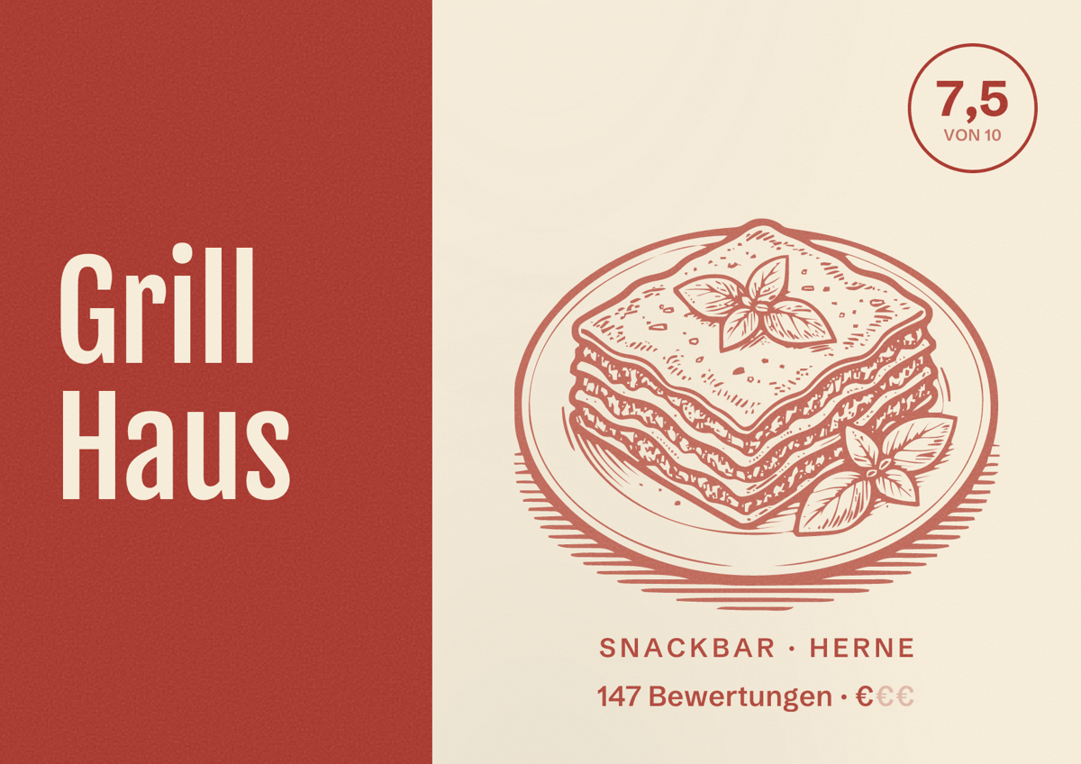 Illustriertes Poster von Grill Haus, Snackbar in Herne: Bewertung 7,5 von 10 aus 147 Bewertungen, Preisniveau €