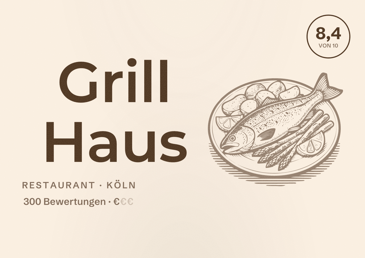 Illustriertes Poster von Grill Haus, Restaurant in Köln: Bewertung 8,4 von 10 aus 300 Bewertungen, Preisniveau €