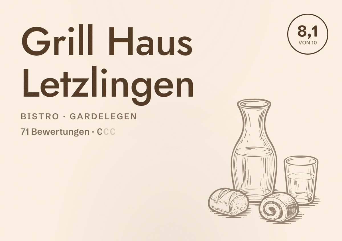 Illustriertes Poster von Grill Haus Letzlingen, Bistro in Gardelegen: Bewertung 8,1 von 10 aus 71 Bewertungen, Preisniveau €