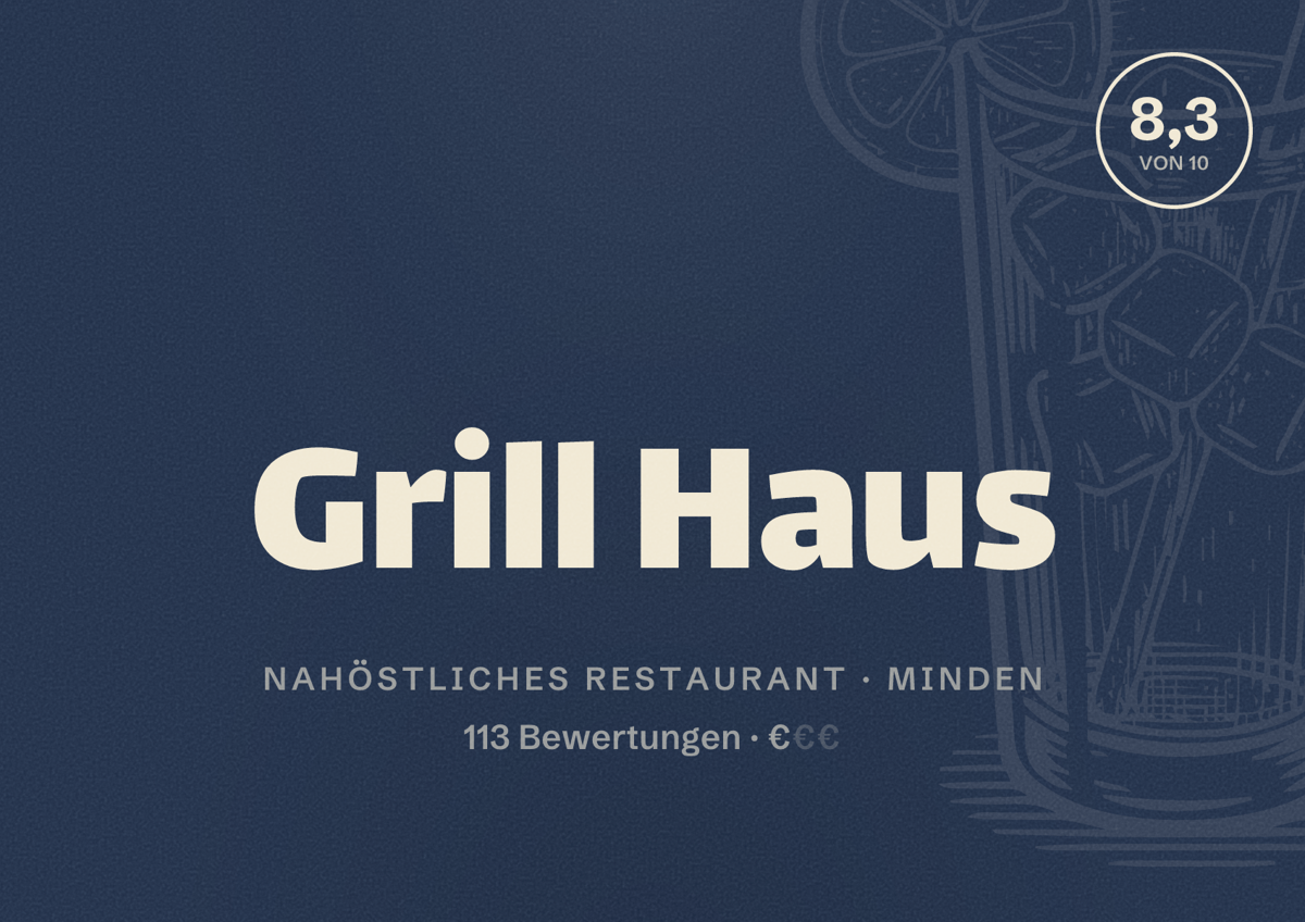 Illustriertes Poster von Grill Haus, Nahöstliches Restaurant in Minden: Bewertung 8,3 von 10 aus 113 Bewertungen, Preisniveau €