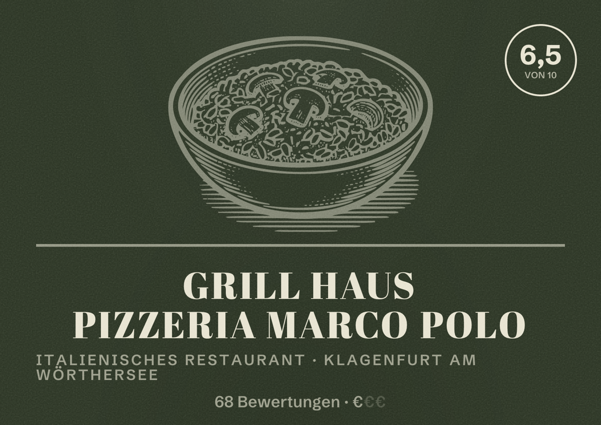 Illustriertes Poster von Grill Haus Pizzeria Marco Polo, Italienisches Restaurant in Klagenfurt am Wörthersee: Bewertung 6,5 von 10 aus 68 Bewertungen, Preisniveau €