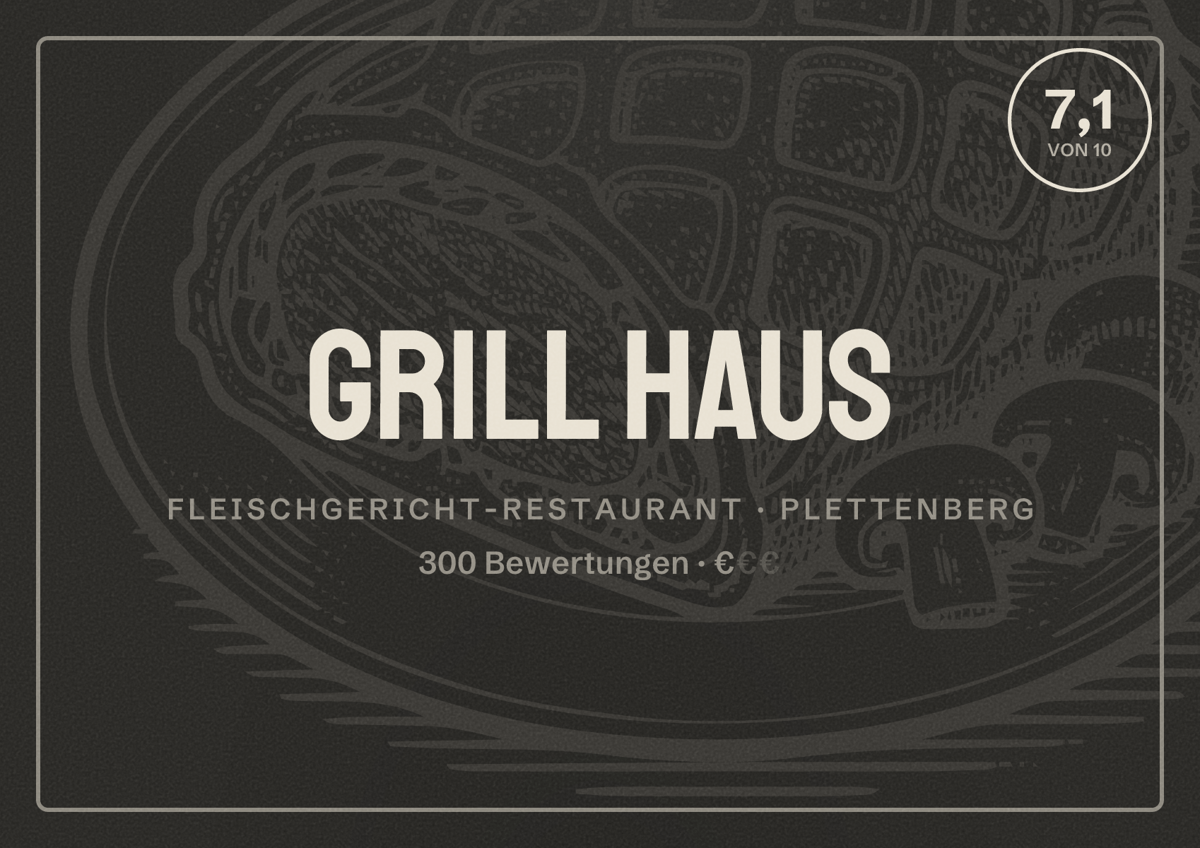 Illustriertes Poster von Grill Haus, Fleischgericht-Restaurant in Plettenberg: Bewertung 7,1 von 10 aus 300 Bewertungen, Preisniveau €