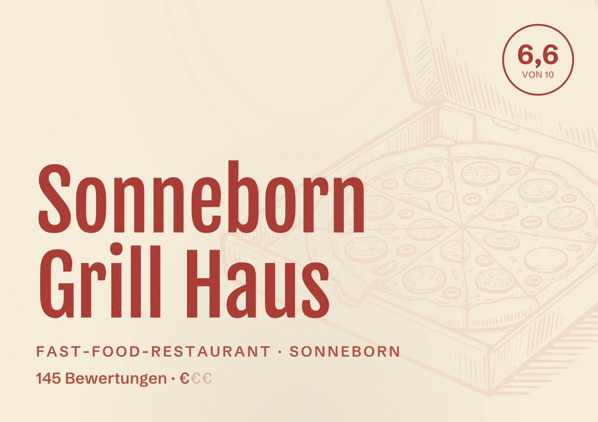 Illustriertes Poster von Sonneborn Grill Haus, Fast-Food-Restaurant in Sonneborn: Bewertung 6,6 von 10 aus 145 Bewertungen, Preisniveau €