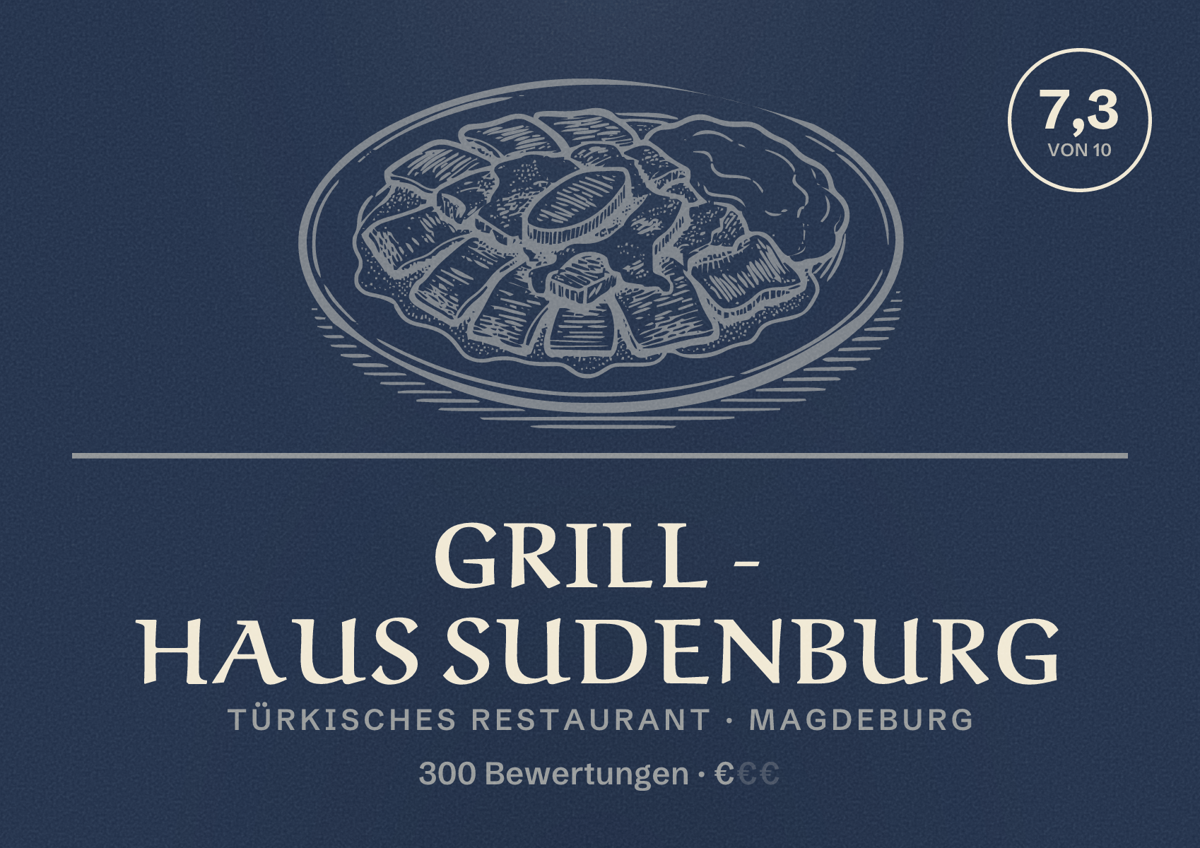 Illustriertes Poster von Grill - Haus Sudenburg, Türkisches Restaurant in Magdeburg: Bewertung 7,3 von 10 aus 300 Bewertungen, Preisniveau €