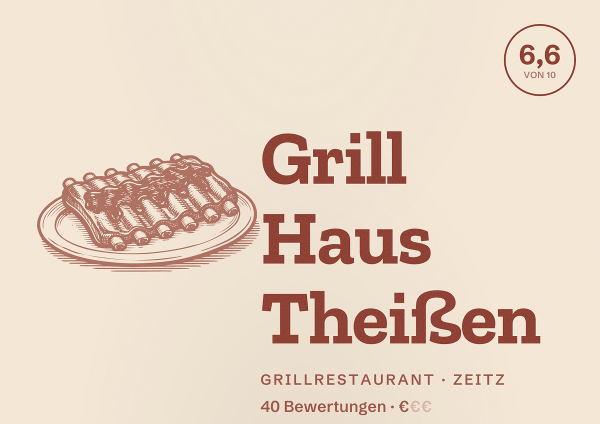 Illustriertes Poster von Grill Haus Theißen, Grillrestaurant in Zeitz: Bewertung 6,6 von 10 aus 40 Bewertungen, Preisniveau €