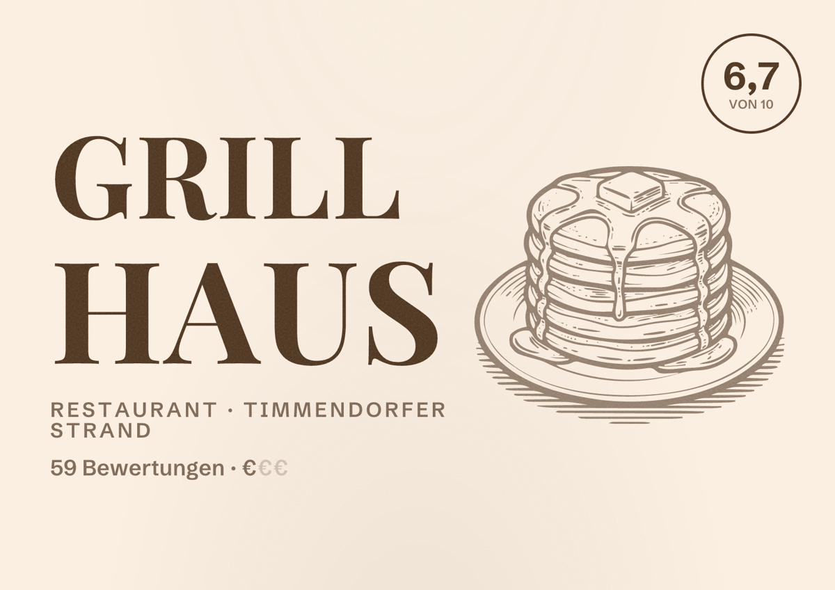Illustriertes Poster von Grill Haus, Restaurant in Timmendorfer Strand: Bewertung 6,7 von 10 aus 59 Bewertungen, Preisniveau €