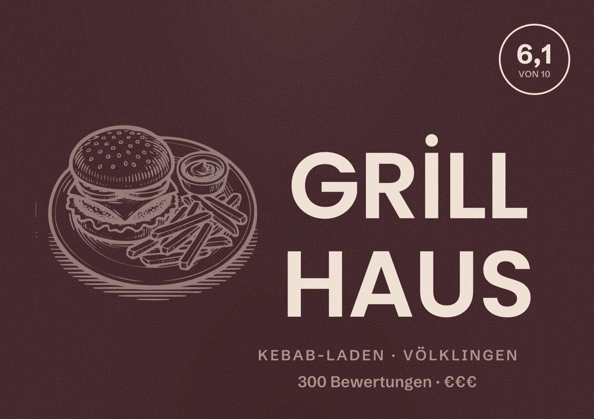 Illustriertes Poster von GRİLL HAUS, Kebab-Laden in Völklingen: Bewertung 6,1 von 10 aus 300 Bewertungen, Preisniveau €€€