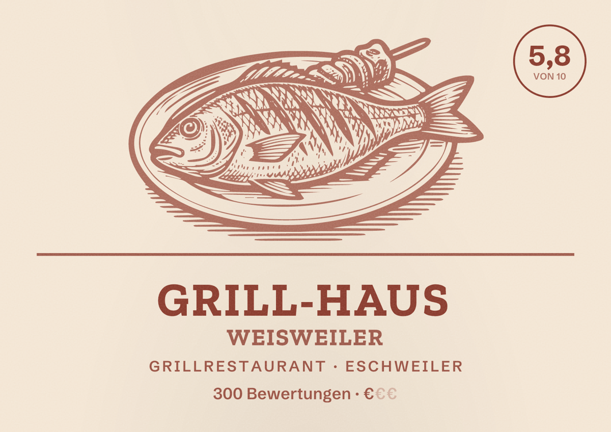 Illustriertes Poster von Grill-Haus Weisweiler, Grillrestaurant in Eschweiler: Bewertung 5,8 von 10 aus 300 Bewertungen, Preisniveau €