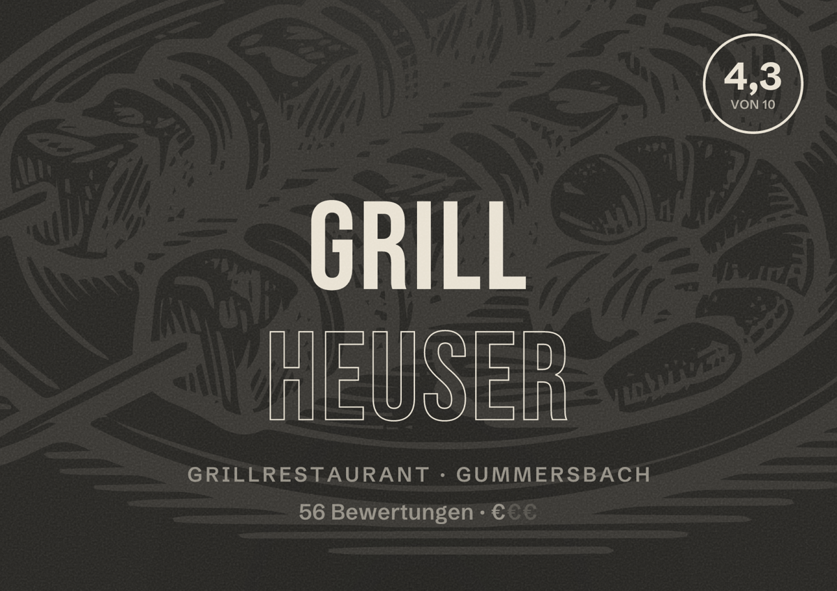 Illustriertes Poster von Grill Heuser, Grillrestaurant in Gummersbach: Bewertung 4,3 von 10 aus 56 Bewertungen, Preisniveau €